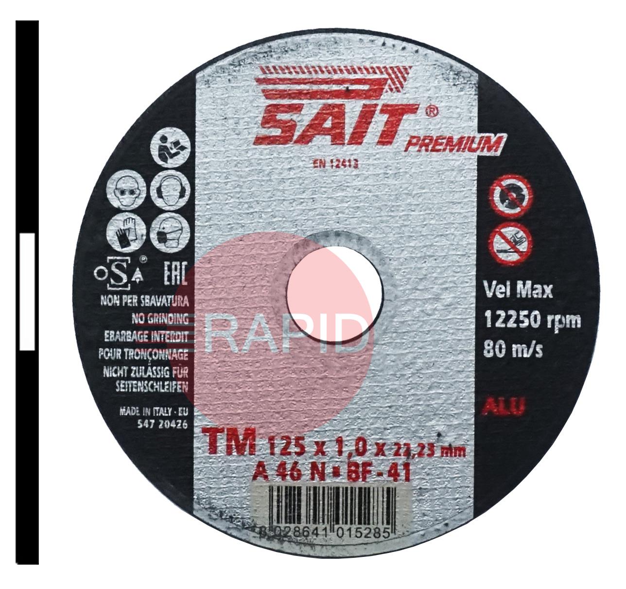 001528  SAIT Premium 125mm (5) Slitting Cutting Disc 1mm Thick - Grade TM A 46 N For Aluminium.