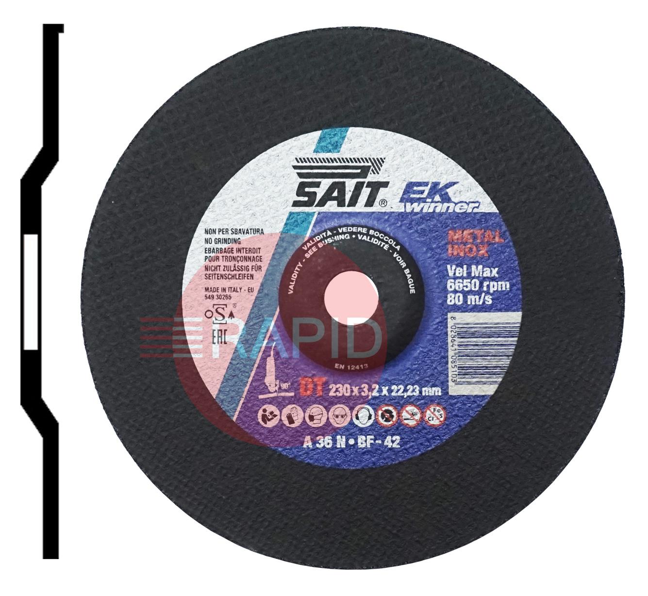 008510  SAIT EK Winner-DT 230mm (9) Depressed Centre Cutting Disc 3.2mm Thick - Grade DT A 36 N