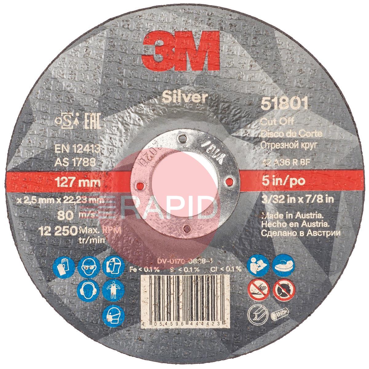 3M-51801  3M Silver Depressed Cut-Off Wheel 125mm x 2.5mm x 22.23mm (Box of 25)