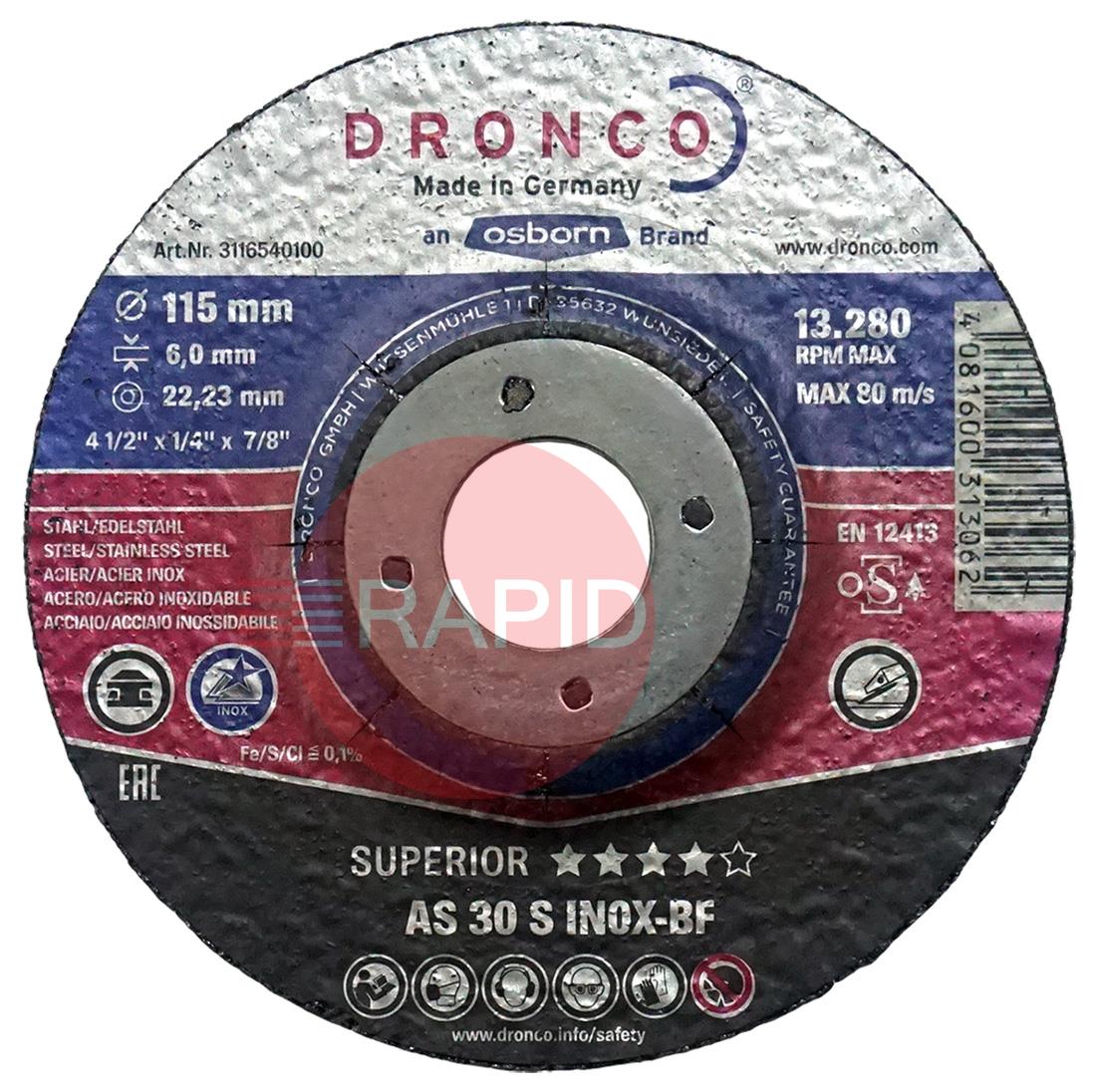 412MG  Dronco 115mm (4.5) Depressed Centre Grinding Disc 6mm Thick. Grade AS 30 S Inox-BF For Steel & Stainless Steel.