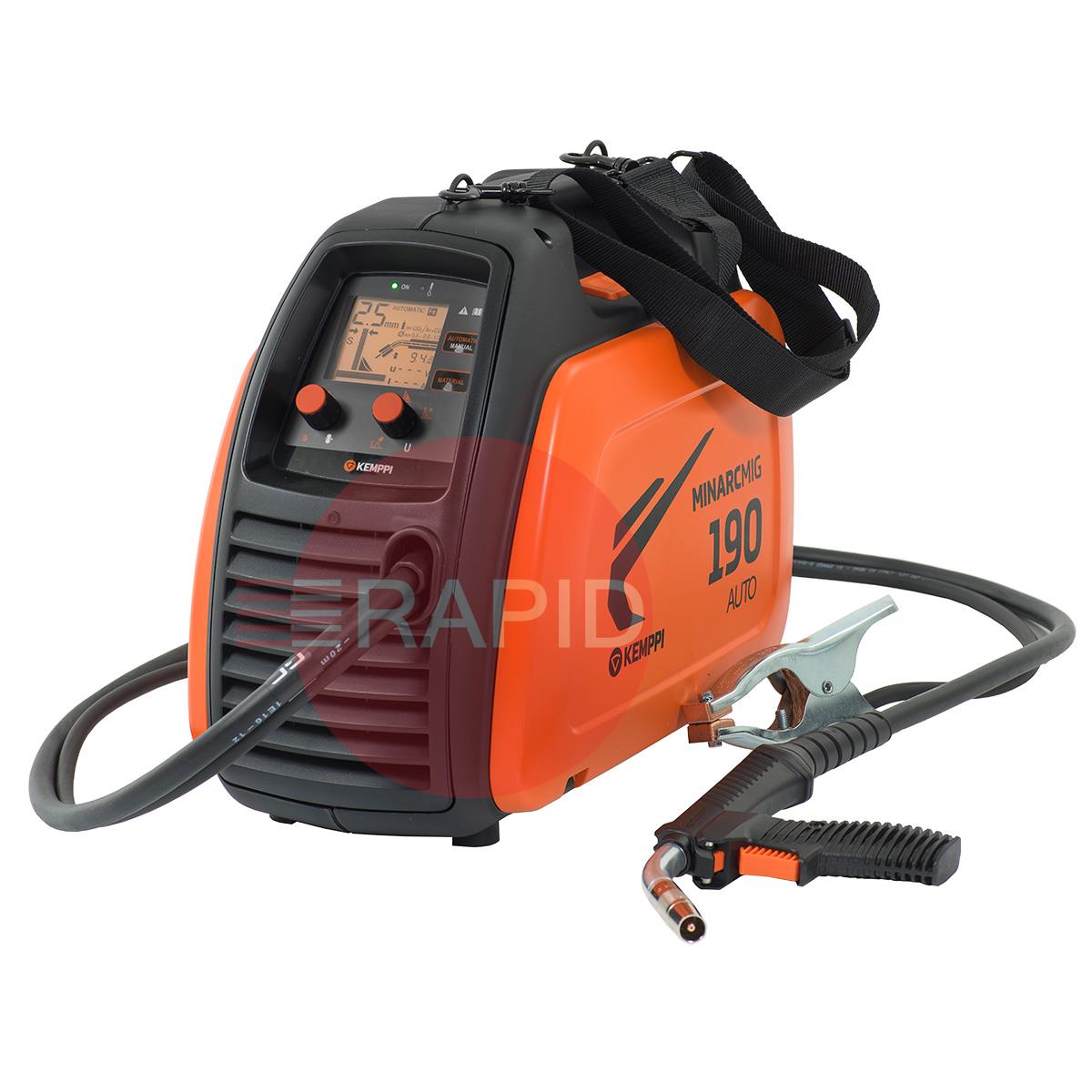 61008190  Kemppi MinarcMig 190 Auto MIG Package, 230v CE. Includes GC 223G MIG Torch, Earth & Gas Hose