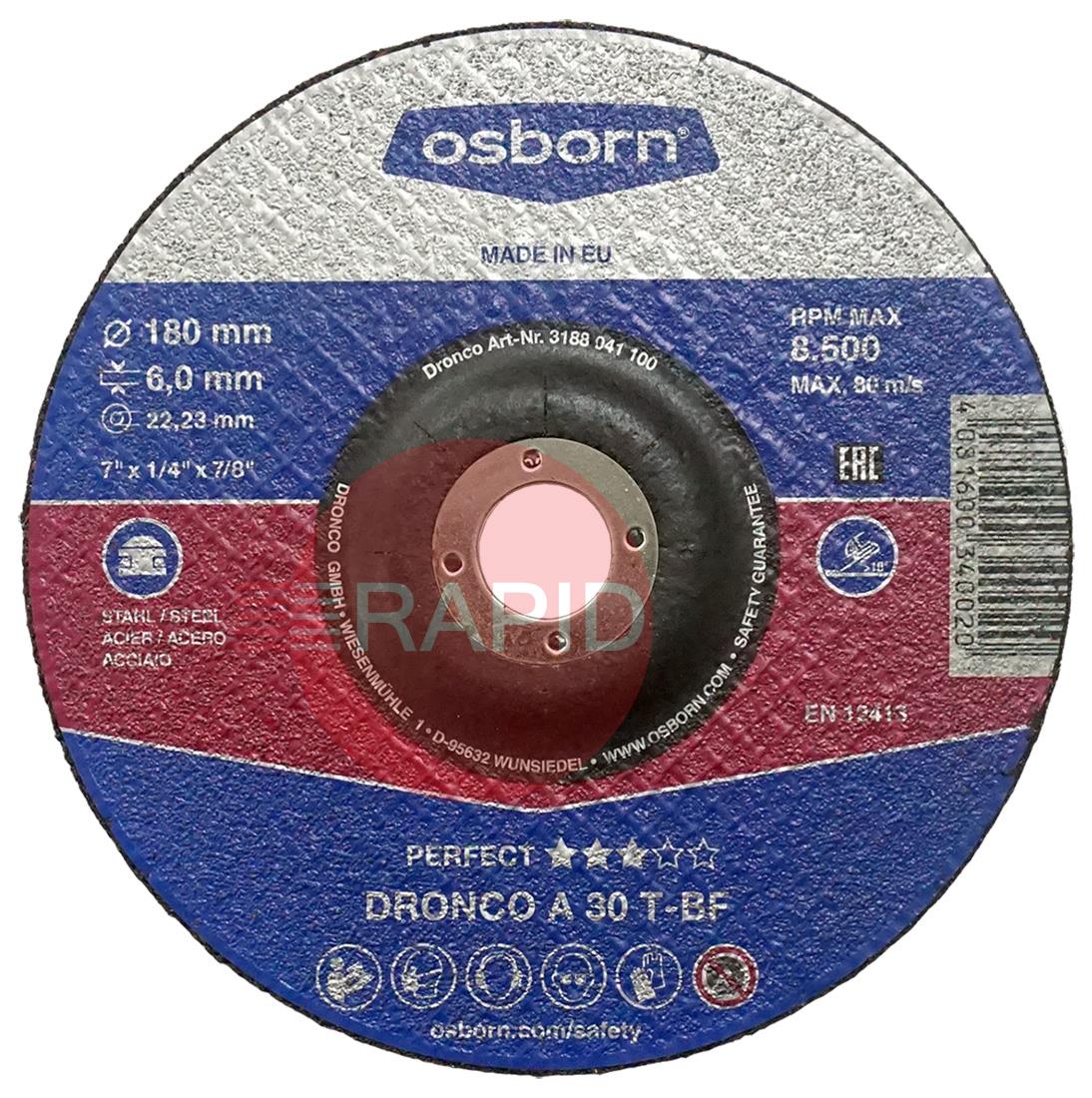 7MG  Dronco 180mm (7) Depressed Centre Grinding Disc 6mm Thick. Grade A 30 T-BF For Steel.
