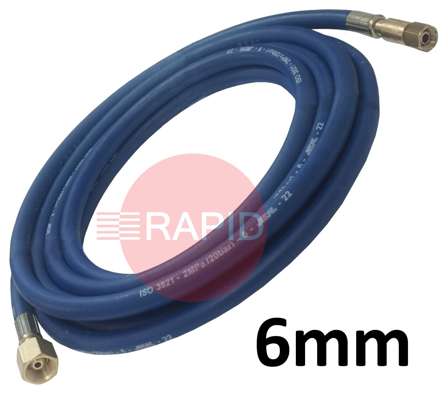 A5108  Fitted Oxygen Hose. 6mm Bore. G1/4 Check Valve & G3/8 Regulator Connection - 5m