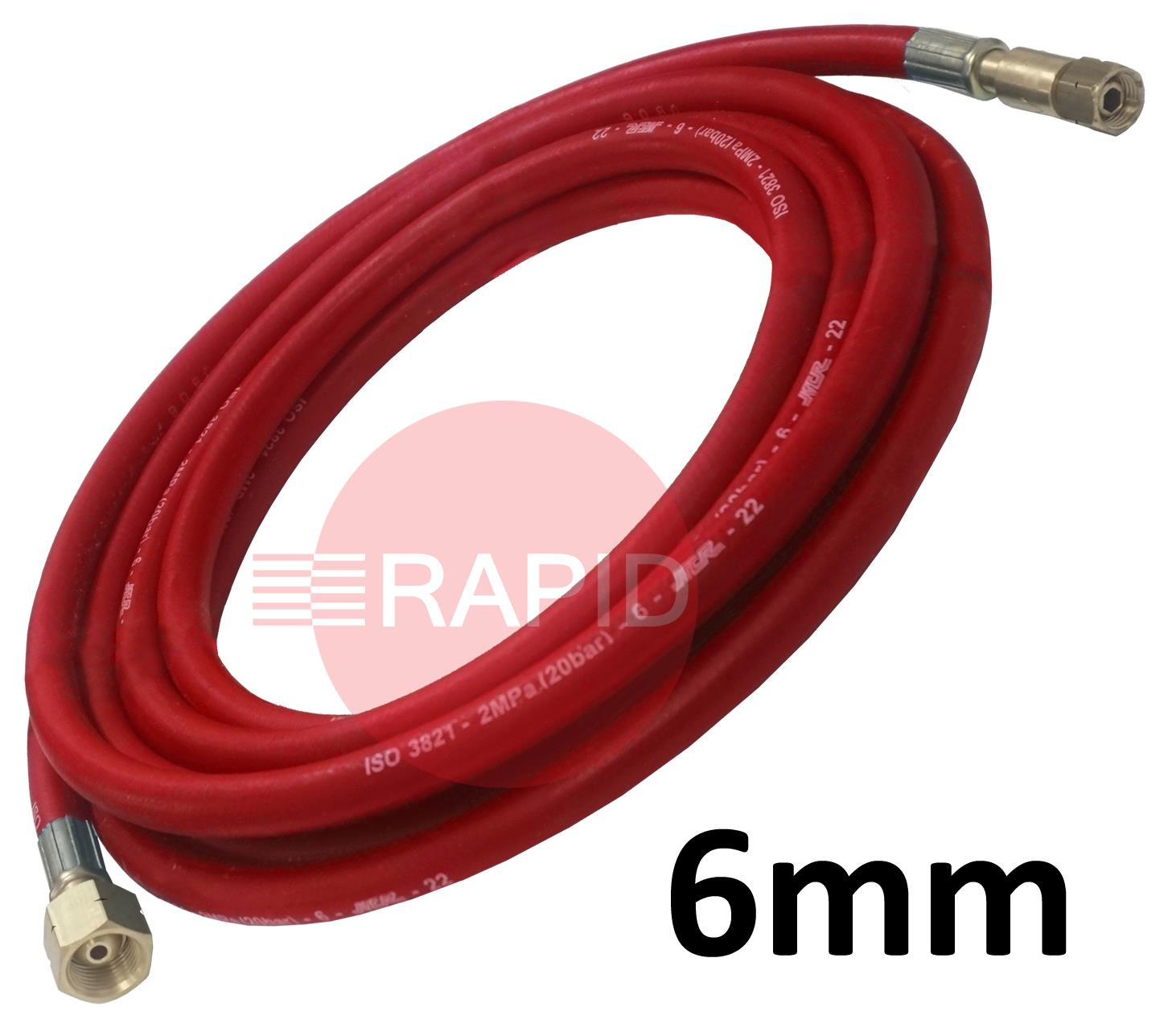 A5121  Fitted Acetylene Hose. 6mm Bore. G1/4 Check Valve & G3/8 Regulator Connection - 10m