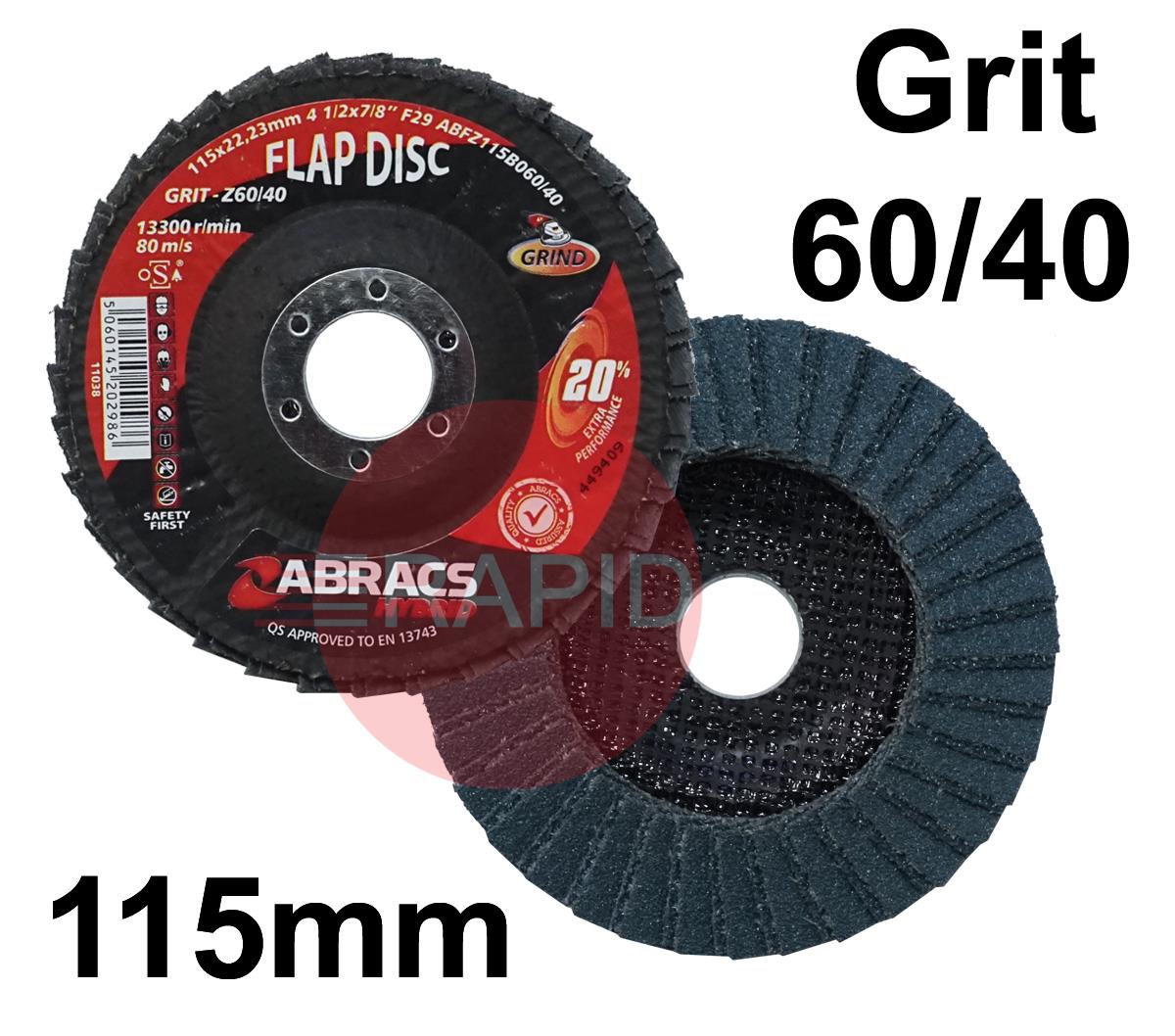 ABF2115B060-40  Abracs Hybrid 115mm (4.5) Depressed Centre Flap Disc. For Steel & Stainless Steel - 60/40 Grit.
