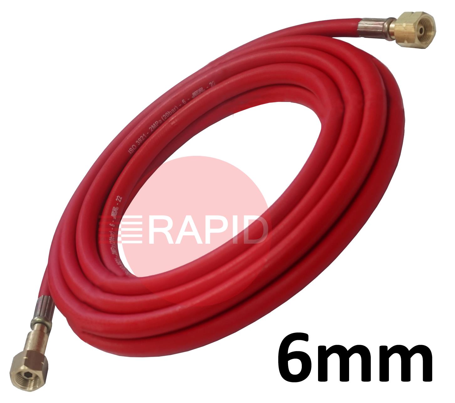 ACYHOSE6MM  Fitted Acetylene Hose. 6mm Bore. G3/8 Check Valve & G3/8 Regulator Connection
