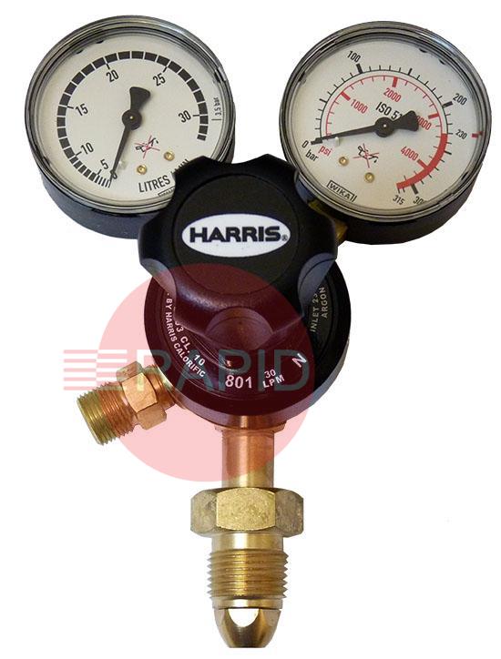 H1105  Harris 901 Argon Single Stage Regulator. 30lpm, 5/8 RH BSP Cylinder Connection, 3/8 BSP Outlet, UK Fitting Only