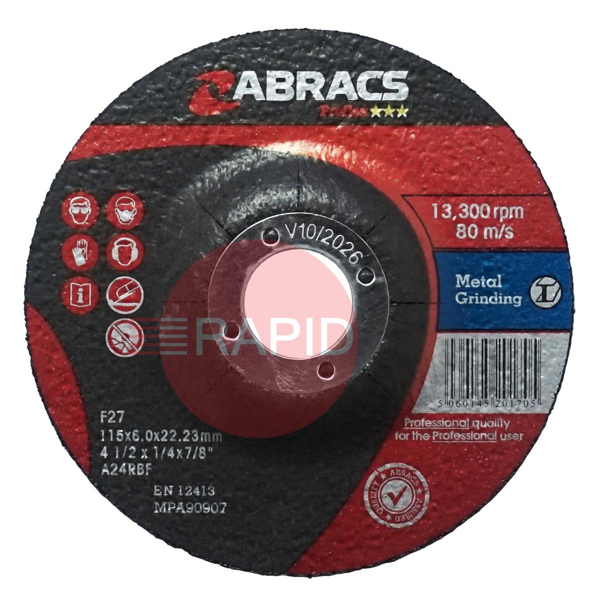 PF11560DM  Abracs Proflex 115mm (4.5) Depressed Centre Grinding Disc 6mm Thick. Grade A24RBF For Metal.