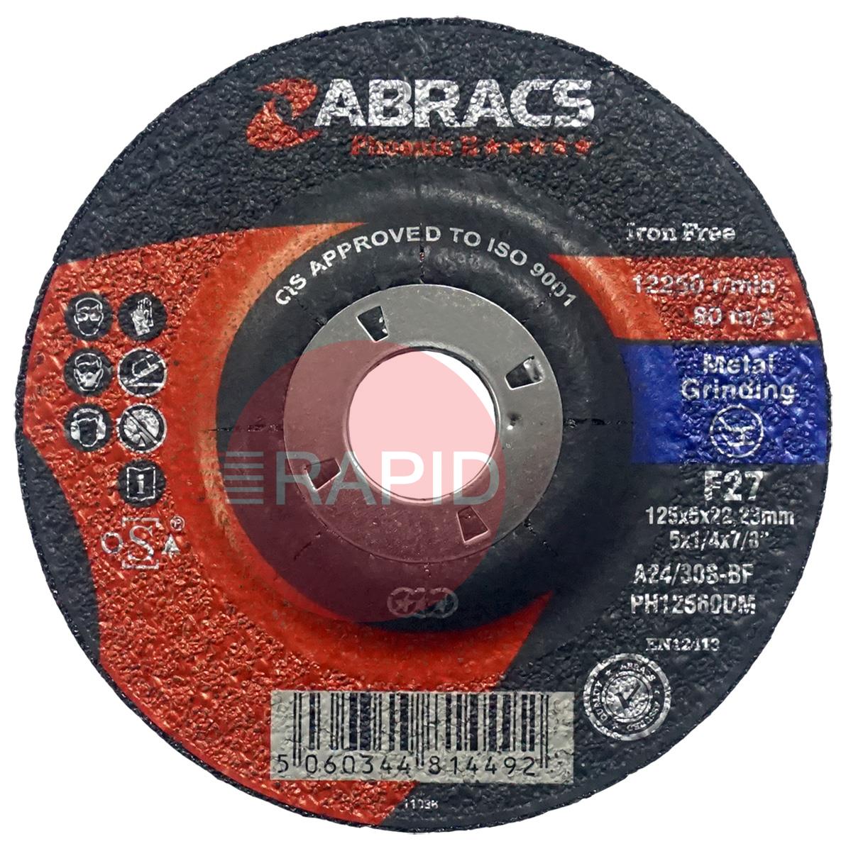 PH12560DM  Abracs Phoenix II 125mm (5) Depressed Centre Grinding Disc 6mm Thick. Grade A24/30S4BF For Steel.