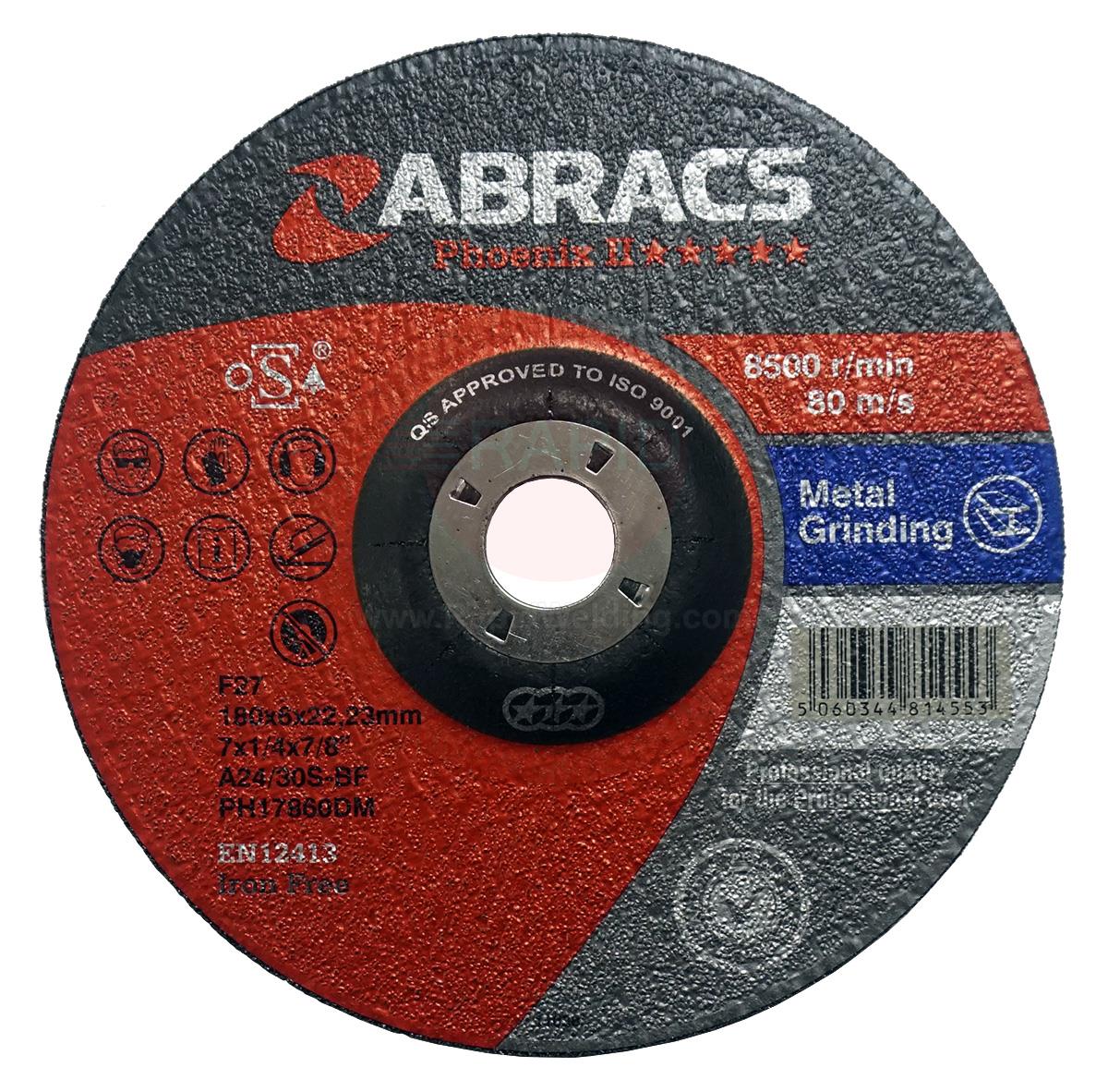 PH17860DM  Abracs Phoenix II 180mm (7) Depressed Centre Grinding Disc 6mm Thick. Grade A24/30S4BF For Steel.
