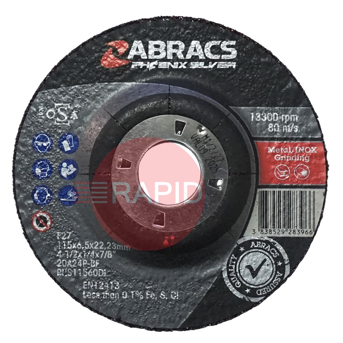 PHS11560DI  Abracs Phoenix Silver 115mm (4.5) Depressed Centre Grinding Disc 6.5mm Thick. Grade 20A24P Inox-BF for Steel & Stainless Steel.