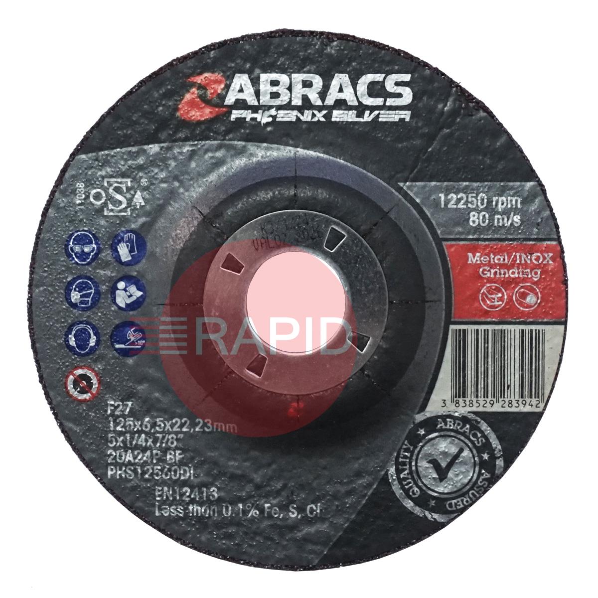 PHS12560DI  Abracs Phoenix Silver 125mm (5) Depressed Centre Grinding Disc 6.5mm Thick. Grade 20A24P Inox-BF for Steel & Stainless Steel.