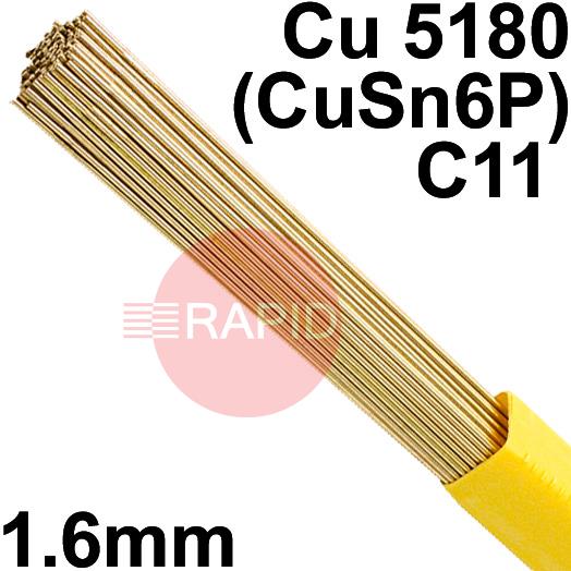 RO081601  SIFPHOSPHOR Bronze No 8 Copper Tig Wire, 1.6mm Diameter x 1000mm Cut Lengths - EN 14640: Cu 5180 (CuSn6P), BS: 2901: C11. 1.0kg Pack (approx. 60pcs)