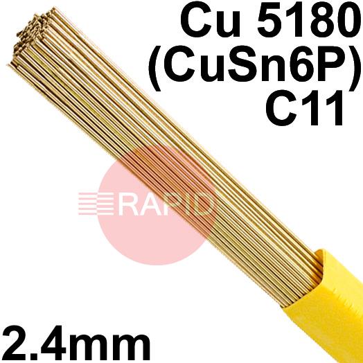 RO082450  SIFPHOSPHOR Bronze No 8 Copper Tig Wire, 2.4mm Diameter x 1000mm Cut Lengths - EN 14640: Cu 5180 (CuSn6P), BS: 2901: C11. 5.0kg Pack (approx. 128pcs)