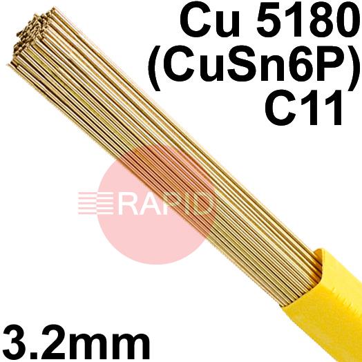 RO083225  SIFPHOSPHOR Bronze No 8 Copper Tig Wire, 3.2mm Diameter x 1000mm Cut Lengths - EN 14640: Cu 5180 (CuSn6P), BS: 2901: C11. 2.5kg Pack