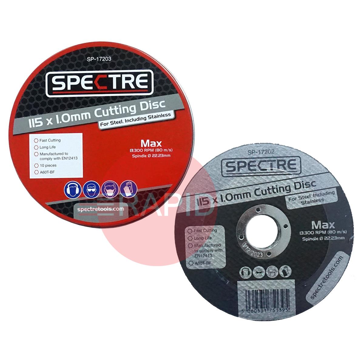 SP-17203  Spectre 115mm (4.5) Slitting Cutting Disc 1mm Thick. Grade A60T-BF for Steel & Stainless Steel. (Tin of 10)