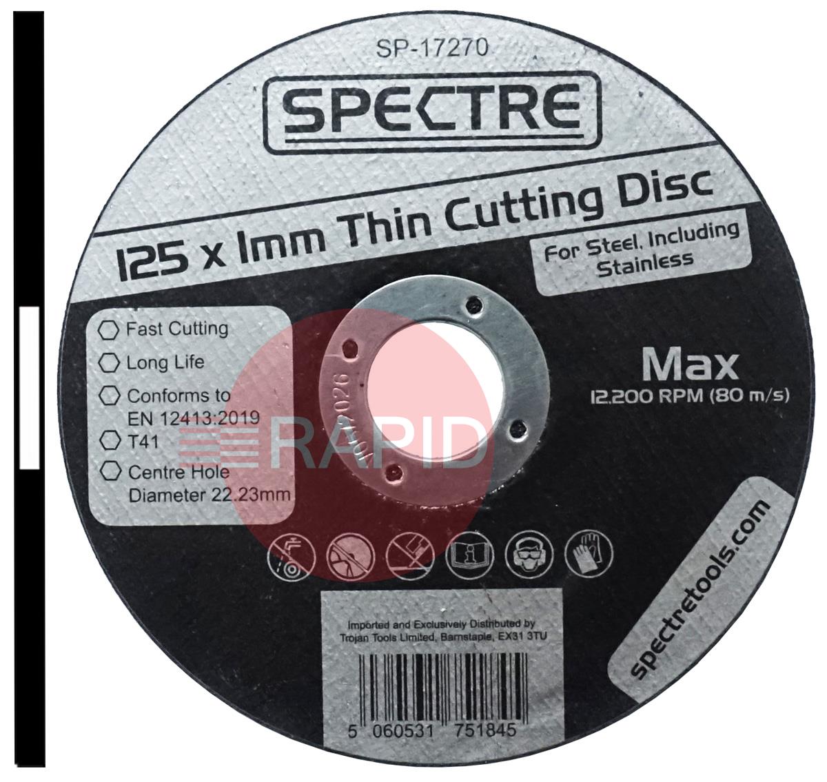 SP-17270  Spectre 125mm (5) Slitting Cutting Disc 1mm Thick. Grade T41 for Steel & Stainless Steel.