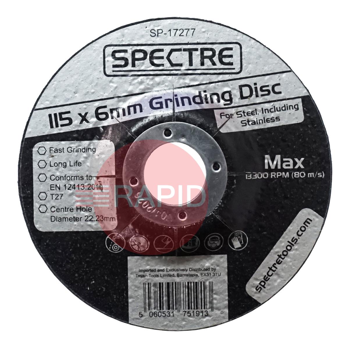 SP-17277  Spectre 115mm (4.5) Grinding Disc 6mm Thick. Grade T27 for Steel & Stainless Steel.