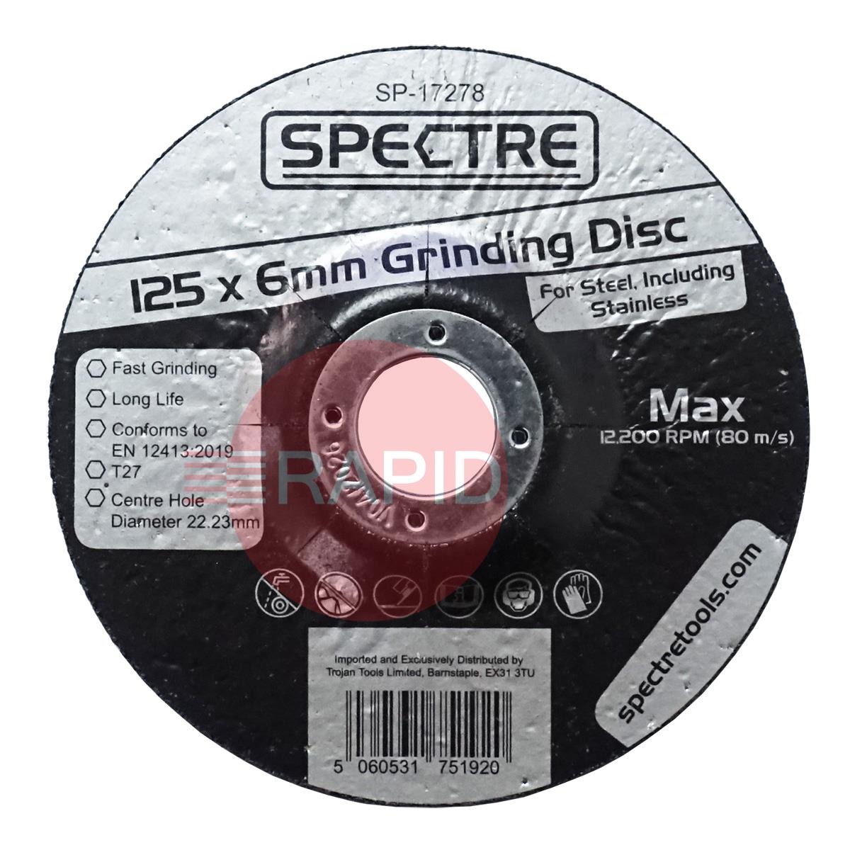 SP-17278  Spectre 125mm (5) Grinding Disc 6mm Thick. Grade T27 for Steel & Stainless Steel.