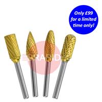 JS26-4020-SET1 HMT JS26 GoldMax Coated Tungsten Carbide Burr 4 Piece 12mm Set