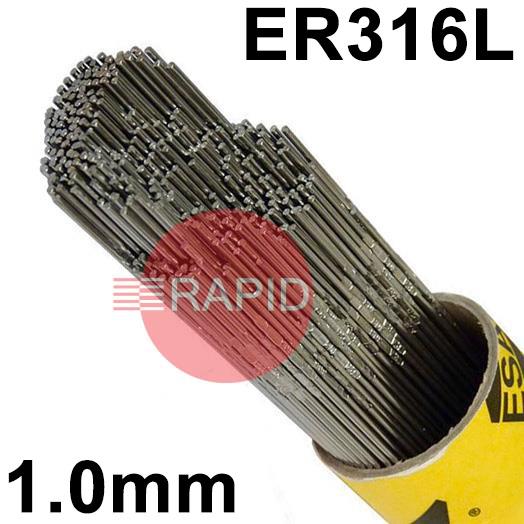 163010R150  Esab OK Tigrod 316L Stainless Steel Tig Wire, 1.0mm Diameter x 1000mm Cut Lengths - AWS A5.9 ER316L. 5.0kg Pack