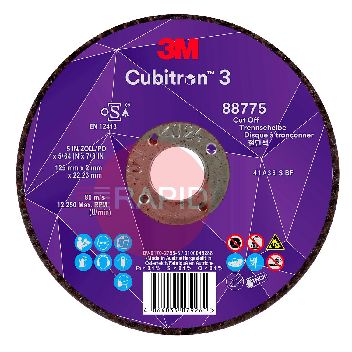 3M-88775  3M Cubitron 3 125mm (5) x 2.0mm Cut Off Wheel