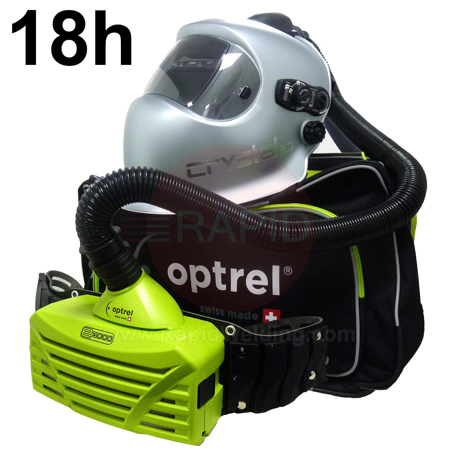 4530.050  Optrel Crystal 2.0 Silver Auto Darkening Welding Helmet and E3000X 18 Hours PAPR System, Ready to Weld Package