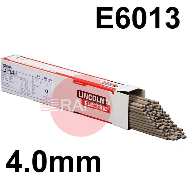 609064  Lincoln Omnia 46 Rutile Electrodes E6013, 4.0mm Dia x 450mm Long 17.7kg Carton (3 x 5.9kg 93 piece Packs) ISO 2560-A: E 42 0 RC 11