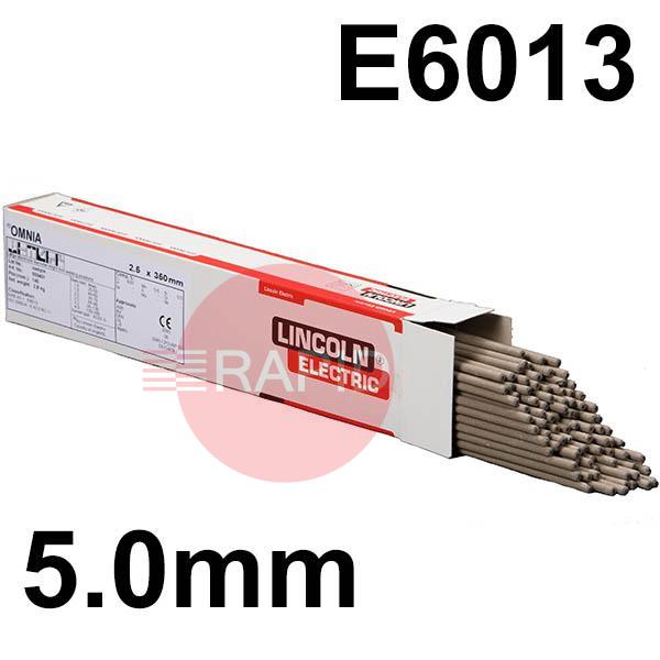 609065  Lincoln Omnia 46 Rutile Electrodes, 5.0mm Dia x 450mm Long 17.4kg Carton (3 x 5.8kg 56 piece Packs) ISO 2560-A: E 42 0 RC 11