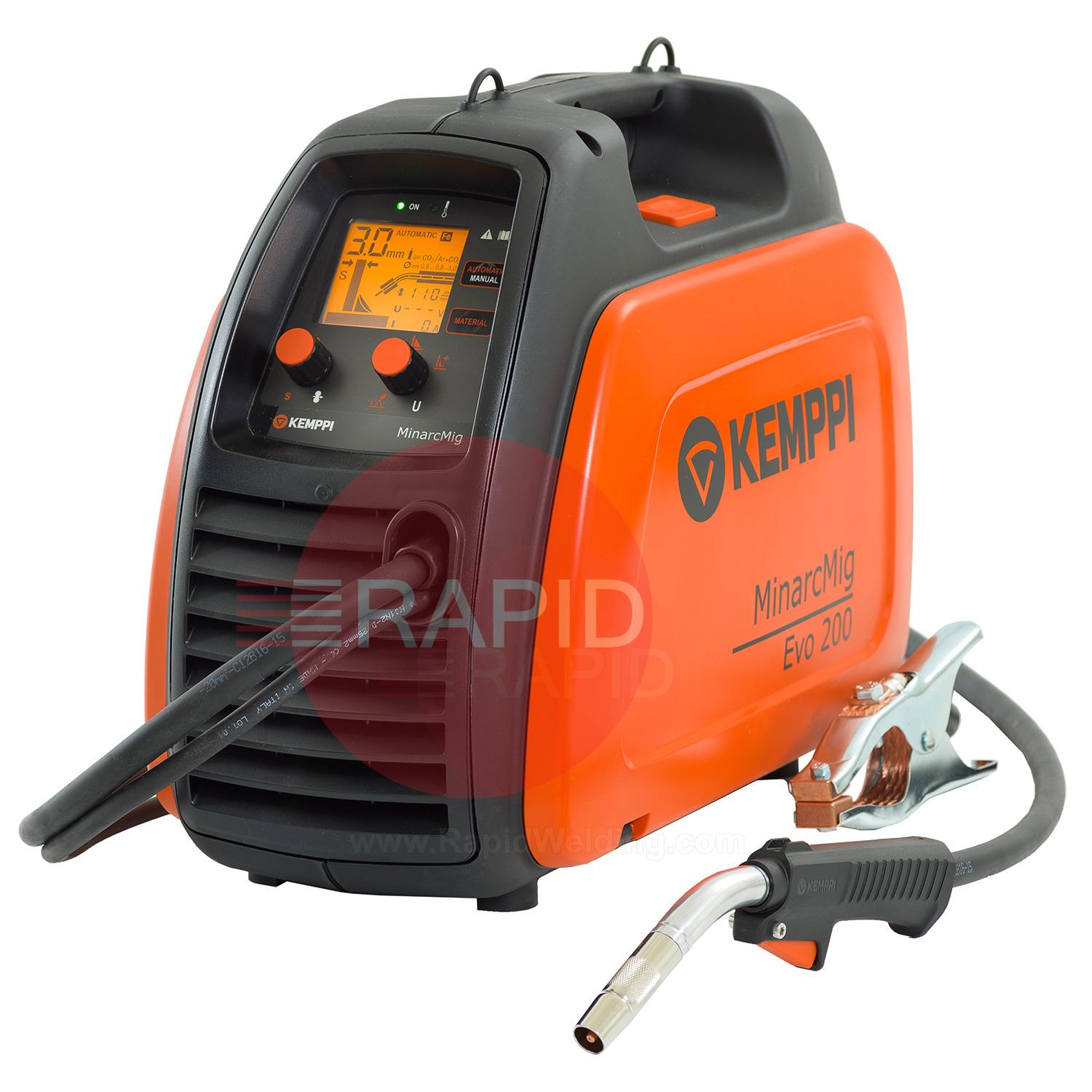 61008200  Kemppi MinarcMig 200 Evo Adaptive MIG Package, 230V CE. Includes GC223G 3M Gun, Earth Cable, 4.5M Gas Hose.