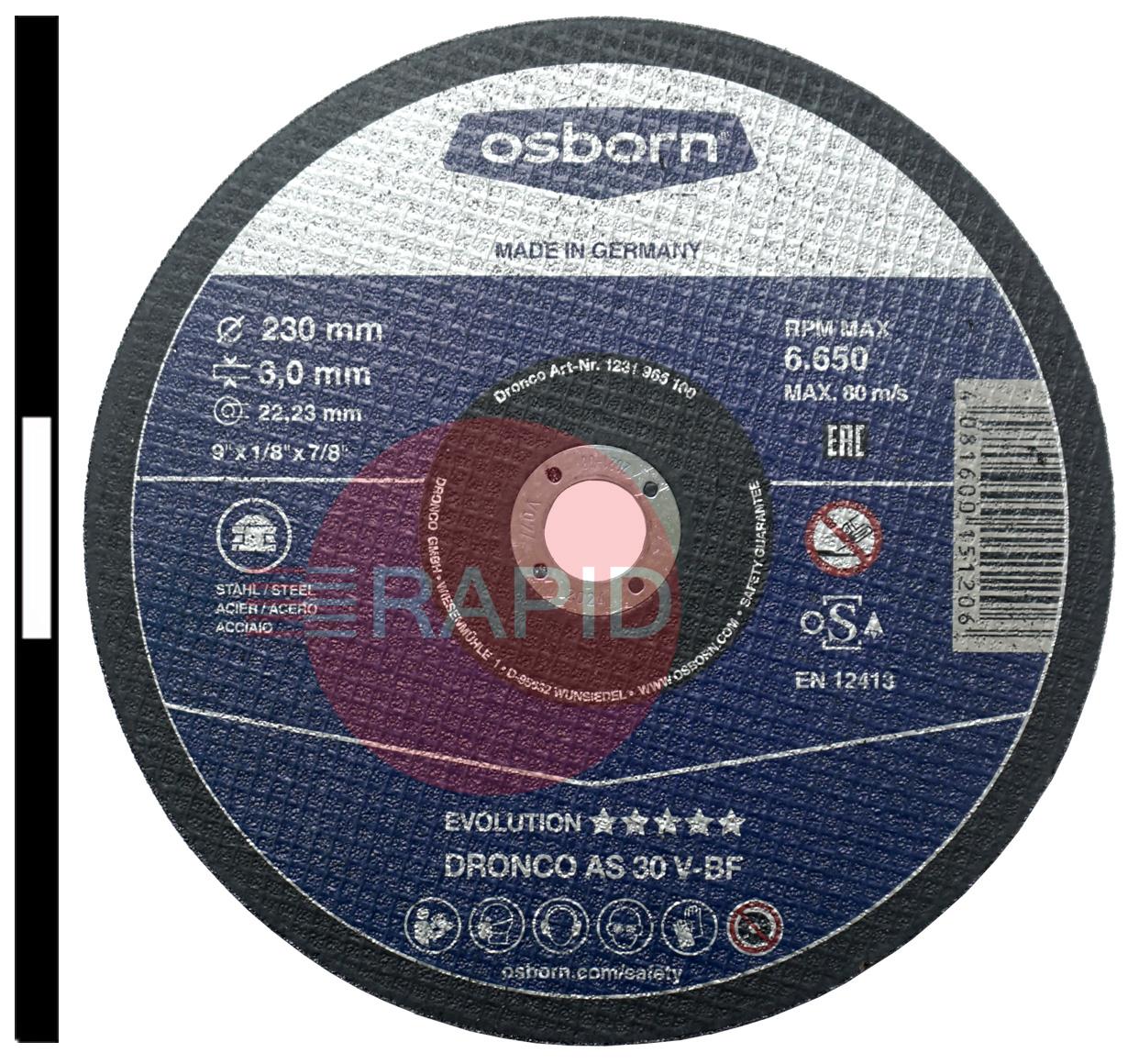 925MC  Dronco 230mm (9) Slitting Cutting Disc 3mm Thick. Grade AS 30 V Inox-BF For Steel.