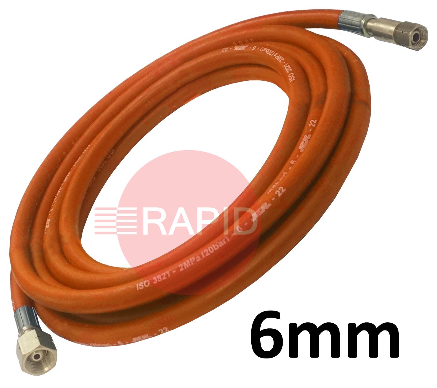 A5137  Fitted Propane Hose. 6mm Bore. G1/4 Check Valve & G3/8 Regulator Connection - 5m