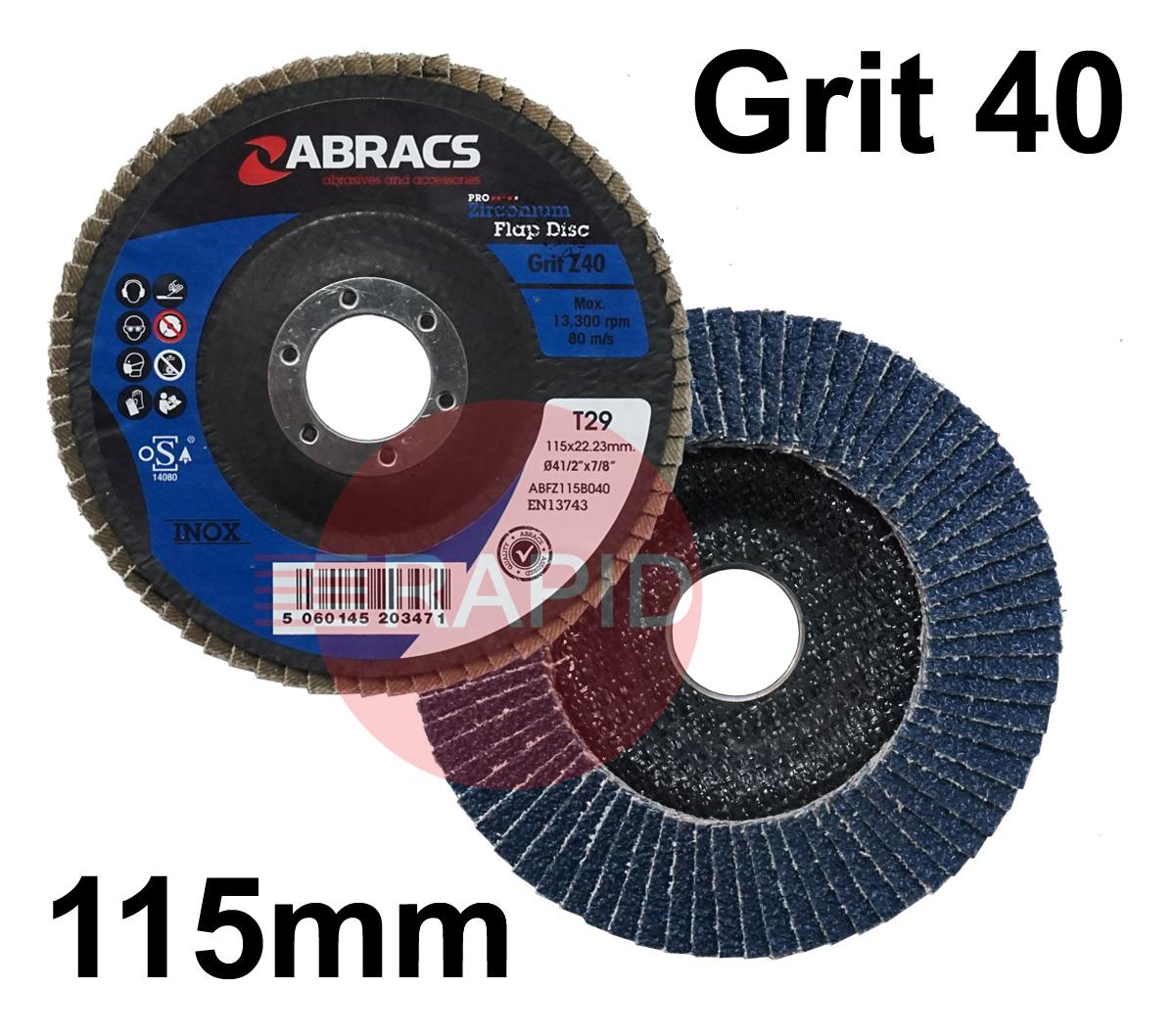 ABFZ115B40  Abracs Pro 115mm (4.5) Depressed Centre Zirconium Flap Disc. For Steel & Stainless Steel - 40 Grit.