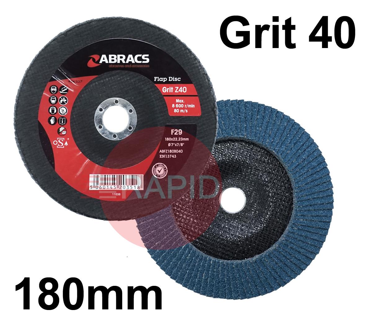 ABFZ180B040  Abracs Pro 180mm (7) Depressed Centre Zirconium Flap Disc. For Steel & Stainless Steel - 40 Grit.