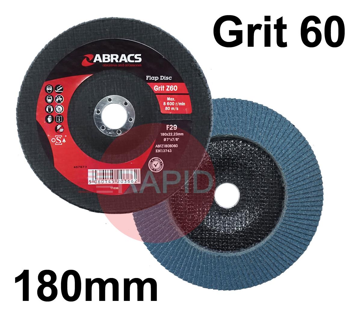 ABFZ180B060  Abracs Pro 180mm (7) Depressed Centre Zirconium Flap Disc. For Steel & Stainless Steel - 60 Grit.