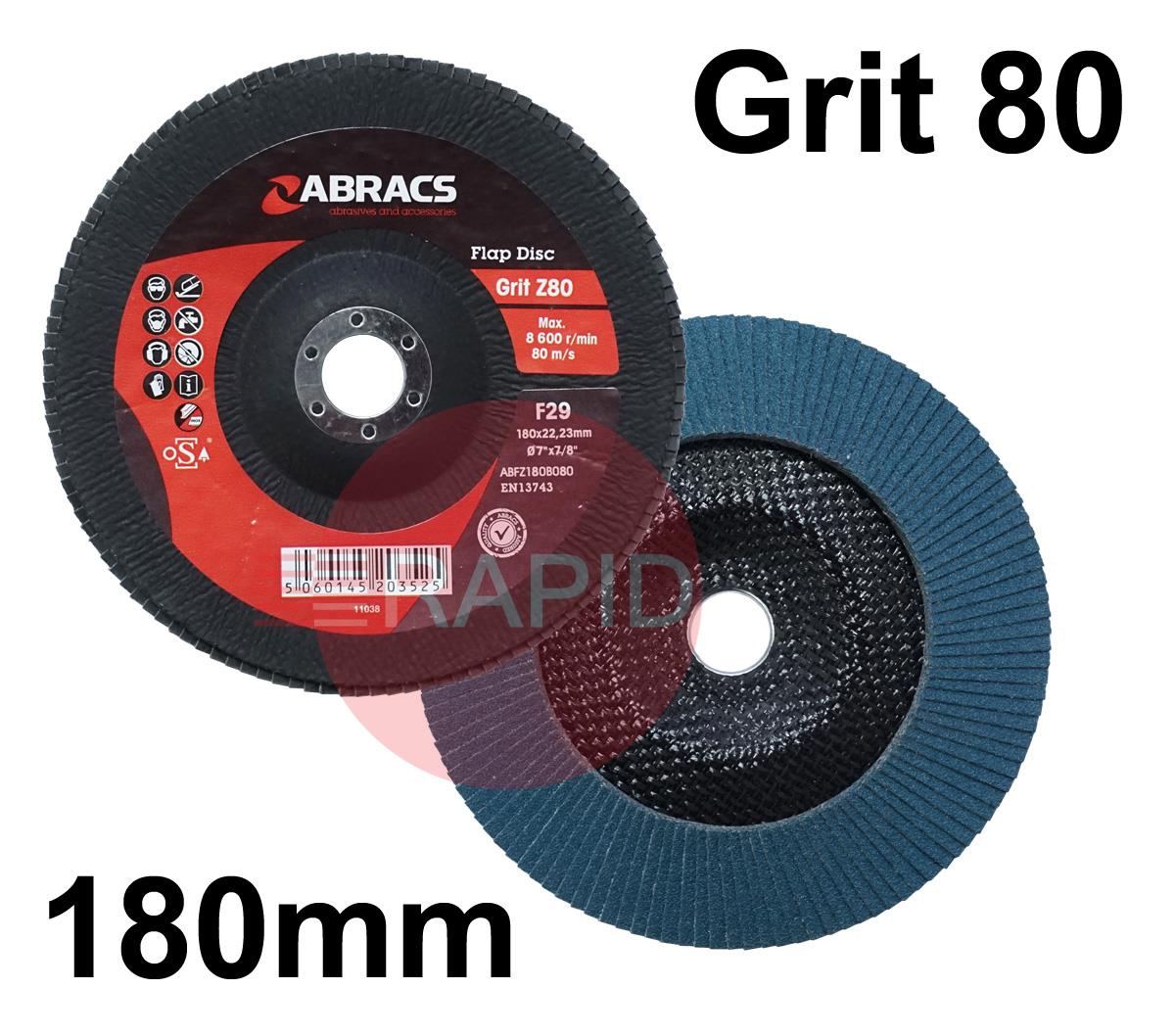 ABFZ180B080  Abracs Pro 180mm (7) Depressed Centre Zirconium Flap Disc. For Steel & Stainless Steel - 80 Grit.