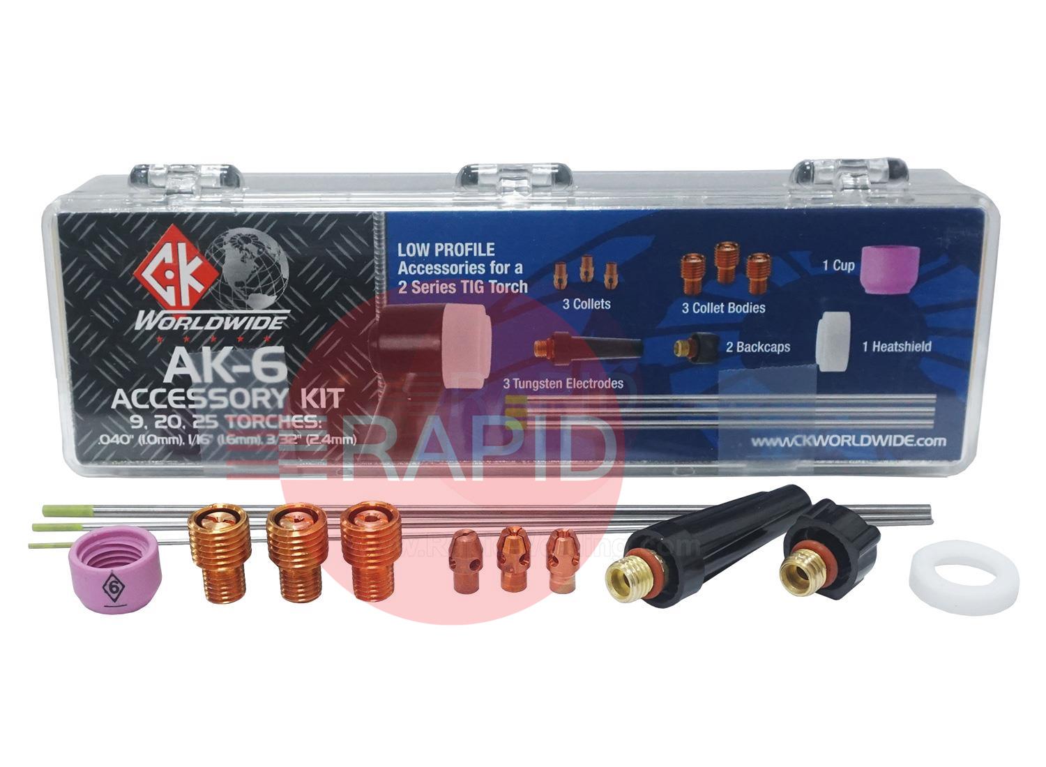 CK-AK6  CK Low Profile TIG Torch Accessory Kit for CK9, CK20, CK100, FL130, CK200, CK230, FL230 (See Chart for Contents)