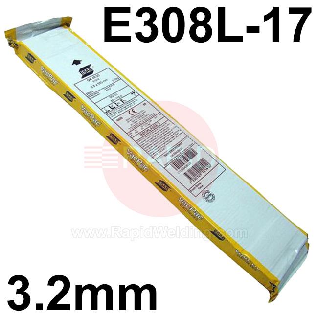 E308L32E  Esab OK 61.30 Stainless Steel Electrodes 3.2mm Diameter x 350mm Long. 1.8kg Vacpac (46 Rods). E308L-17