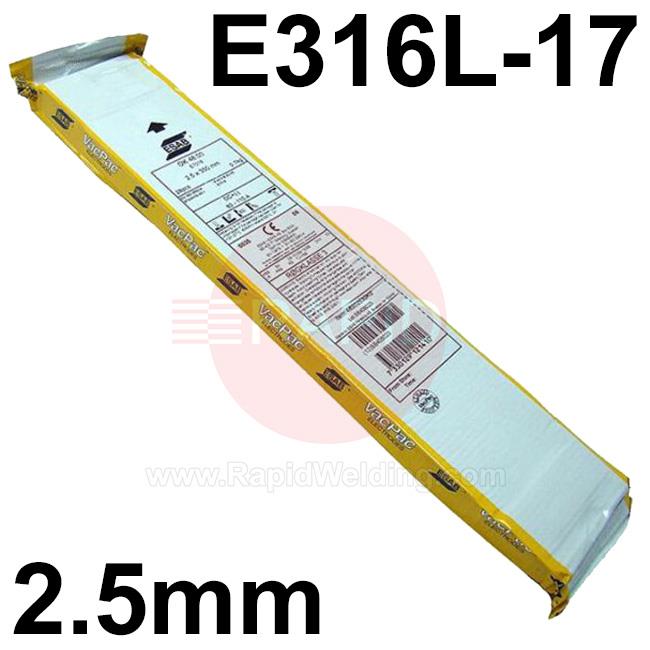 E316L25E  Esab OK 63.30 Stainless Steel Electrodes 2.5mm Diameter x 300mm Long. 0.7kg Vacpac (36 Rods). E316L-17