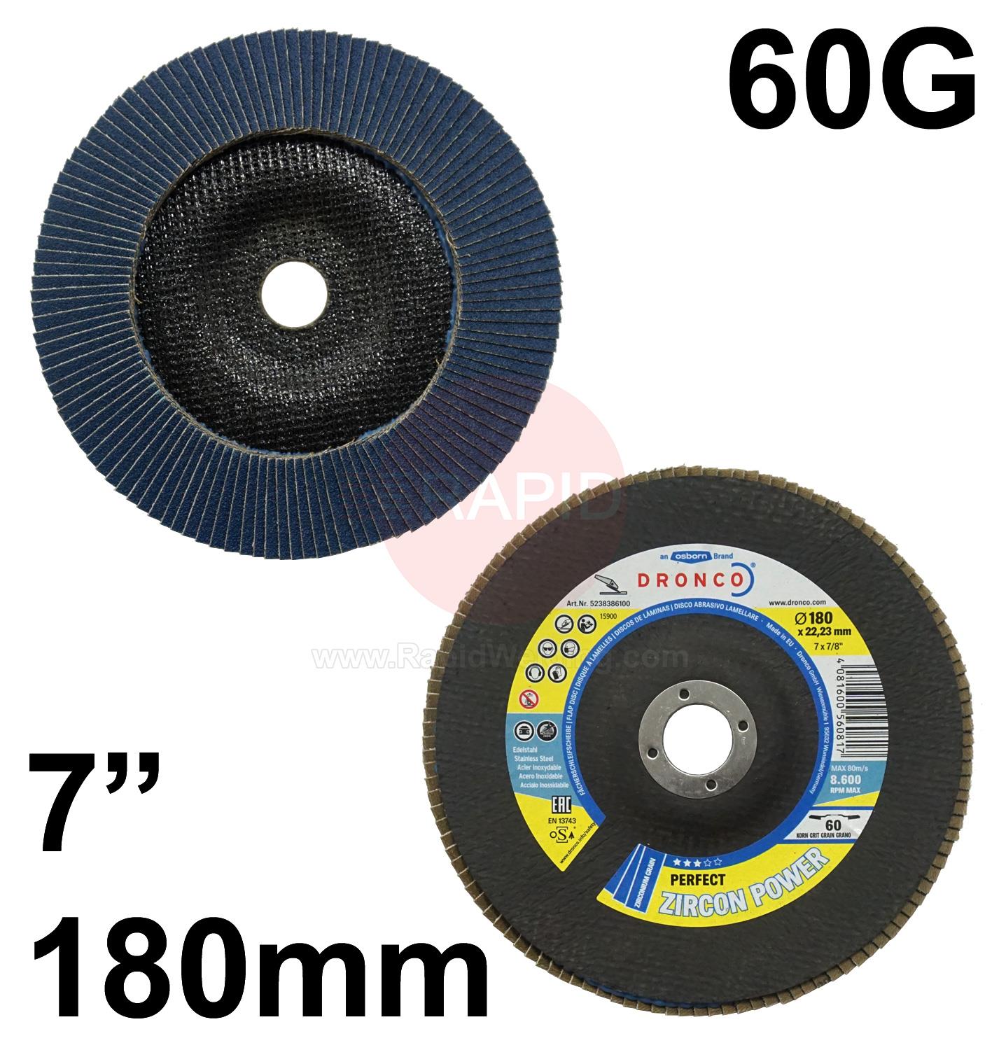 FLAP760Z  Dronco 180mm (7) Depressed Centre Flap Disc. For Steel & Stainless Steel - 60 Grit.