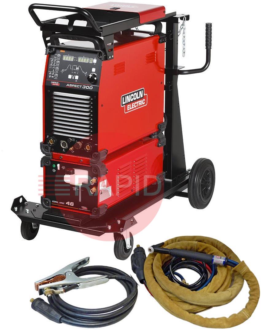 K12058-1WPCKFS  Lincoln Aspect 300 AC/DC TIG Welder, Water-Cooled Ready to Weld Package with 4m CK 230 Torch, 400v 3ph