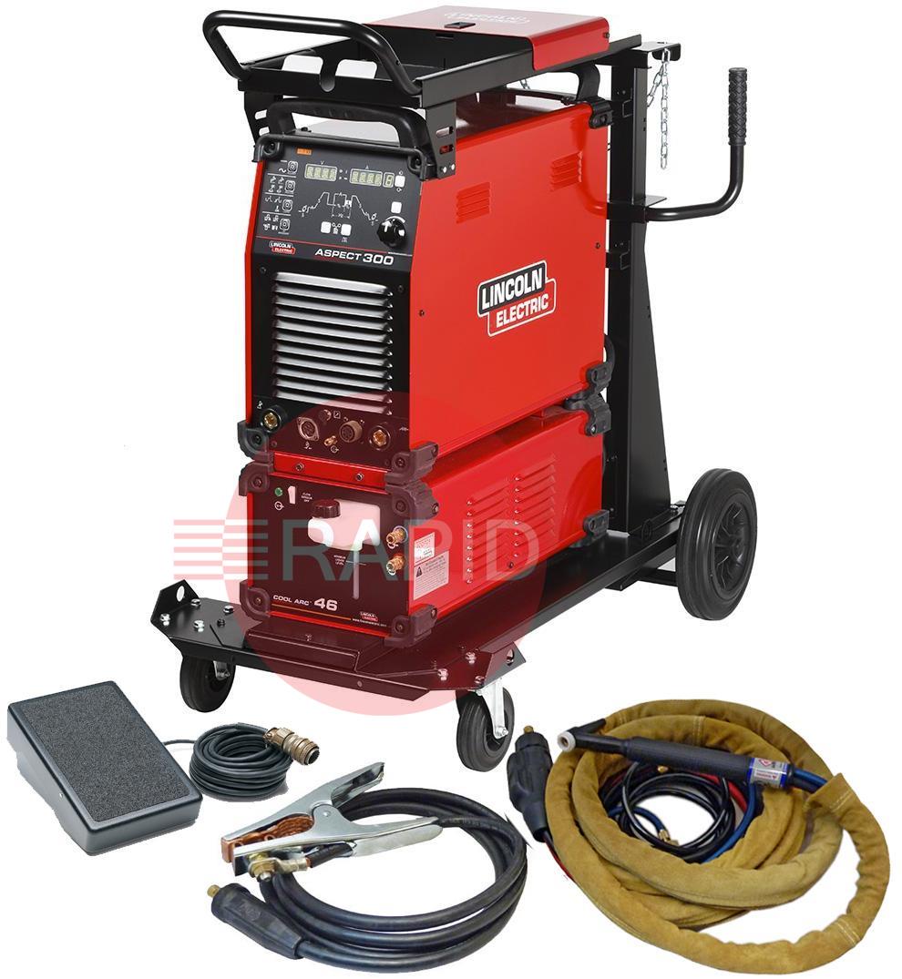 K12058-1WPCKPD  Lincoln Aspect 300 AC/DC TIG Welder, Water-Cooled Ready to Weld Package with CK 230 4m Torch & Foot Pedal, 400v 3ph