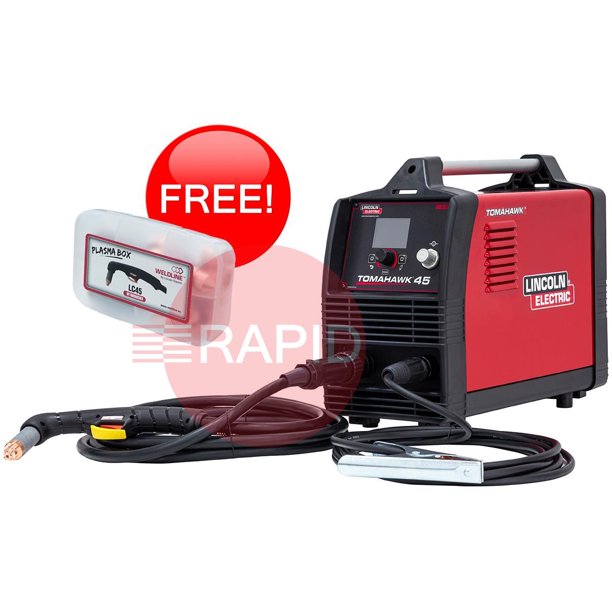 K14391-1  Lincoln Tomahawk 45 Plasma Cutter w/ 6m LC45 Hand Torch, 20mm Cut - 110 / 230v, 1ph