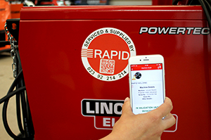 Scanning machine barcodes to find validation status, repair history, manuals and parts in the Rapid Welding App